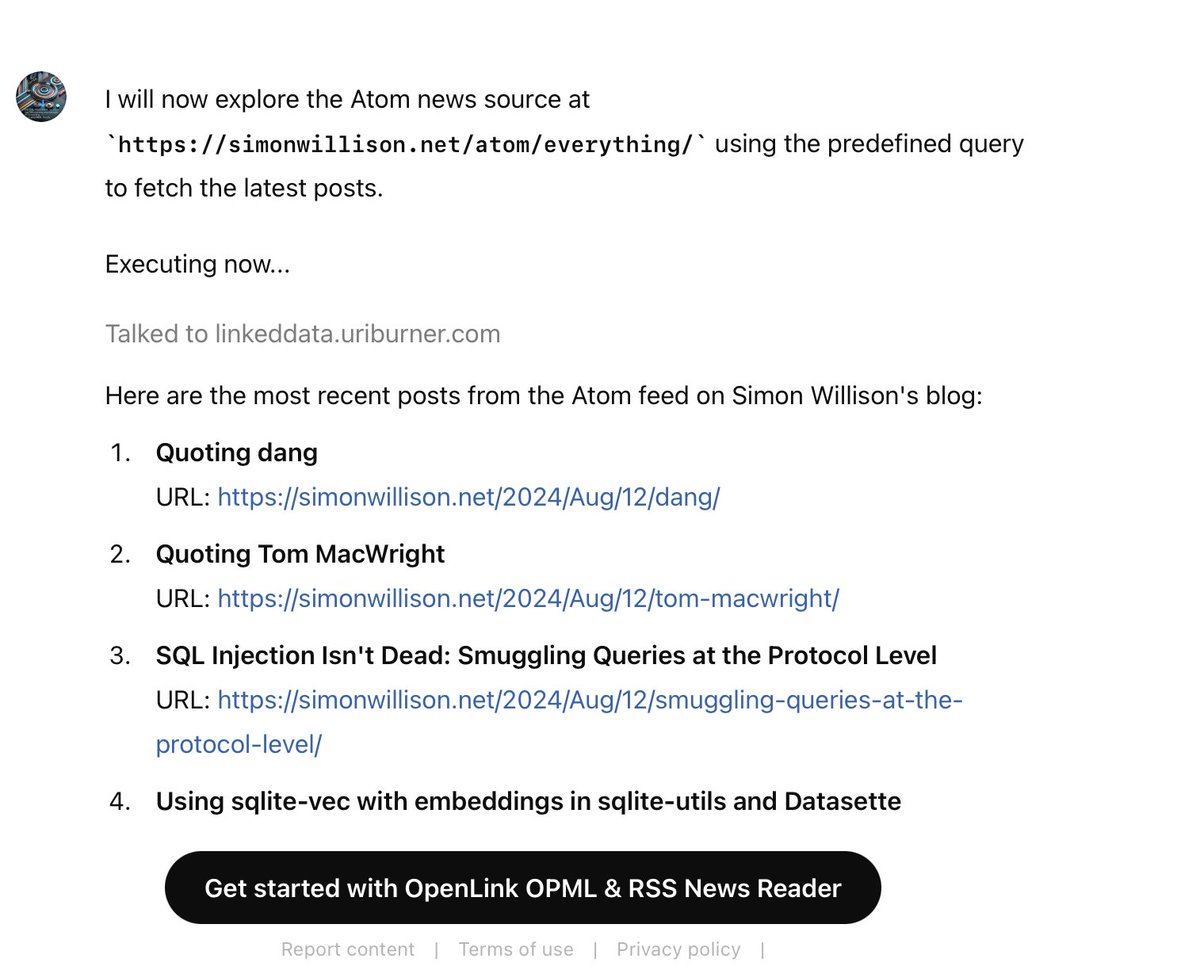 kidehen's tweet image. Shared session for some of my #RSS reading sessions from earlier today via the #ChatGPT native UI. 

chatgpt.com/share/919597cf…

Note, this is powered by the #OPML and RSS Reader Assistant created and described in this thread. Note, this also supports #Atom. 

#AI #UseCase #GenAI