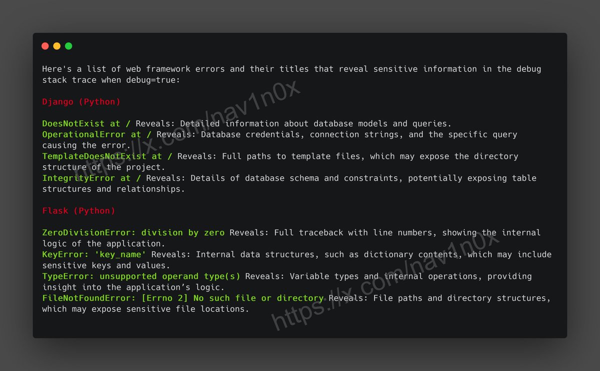 __nav1n_'s tweet photo. 🚨 Keeping debug mode enabled can expose sensitive info in the web app's stack trace like database credentials, file paths, and more.  

I have made a list of few common errors that can be searched through Google Dorking using error title. #WebSecurity #BugBounty #CyberSecurity