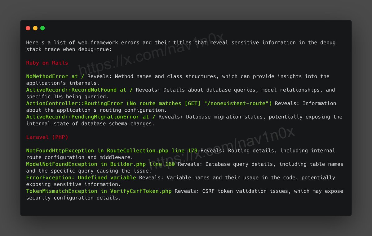 __nav1n_'s tweet photo. 🚨 Keeping debug mode enabled can expose sensitive info in the web app's stack trace like database credentials, file paths, and more.  

I have made a list of few common errors that can be searched through Google Dorking using error title. #WebSecurity #BugBounty #CyberSecurity