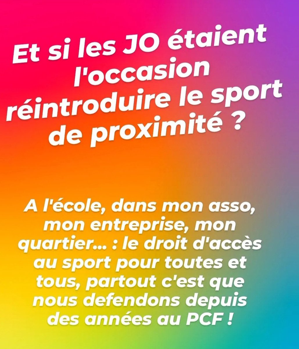 Bonnet_Oulaldj's tweet photo. Et si les JO étaient l'occasion de "réintroduire" le sport de proximité ? 
 👉 1% du budget de la nation consacré au sport
👉 4h d'EPS pour tout-es
👉 10000 équipements sportifs supplémentaires 
👉soutien aux clubs pour l'accès de toutes et tous
#NouveauFrontPopulaire https://t.co/Rk3bFmINJp
