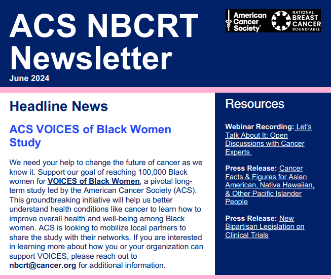 BreastCancerRT's tweet photo. Did you miss our June newsletter? Find out how your organization can help @americancancer reach 100,000 Black women for the groundbreaking VOICES of Black women study, meet our newest member organizations, and more-- read the latest #NBCRT news here: https://t.co/IZFEQtGRzm https://t.co/A4TKiAYqxd