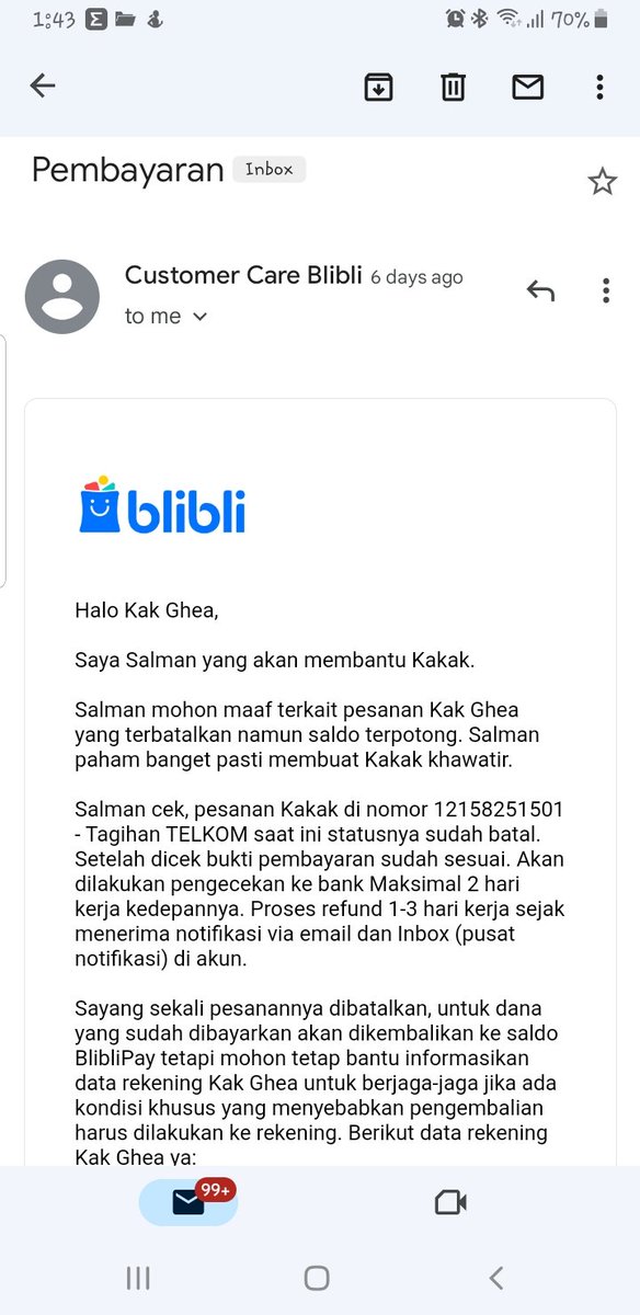 G_Orleana's tweet photo. @BlibliCare sudah 6 hari refund belum juga diterima. Katanya refind mudah dan cepat??? Masak.iya cepat sampe 6 hari??? https://t.co/DnuNWYNuF1