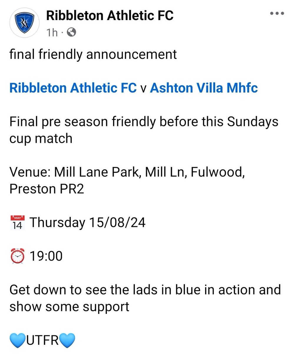 Thursday 19:00 KO get down to support the lads in blue 💙
