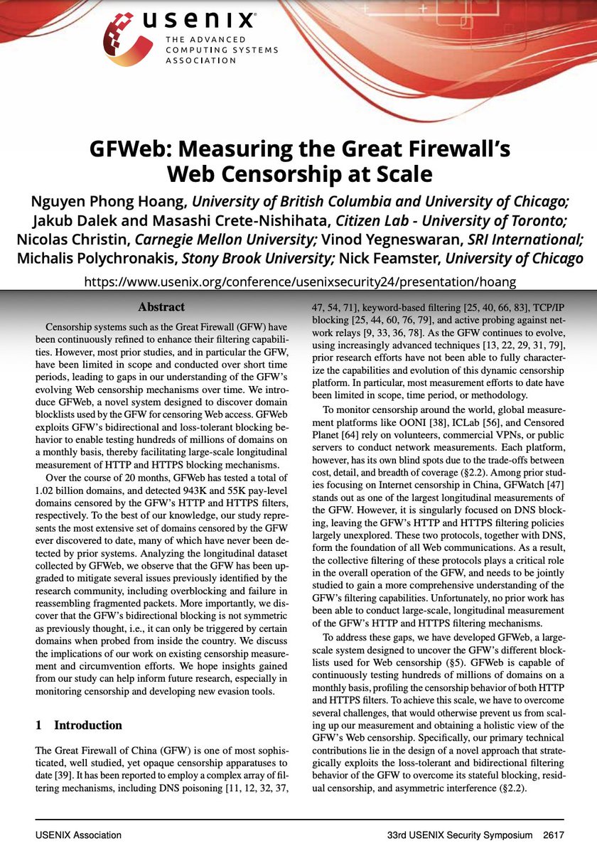 NP_tokumei's tweet photo. 🚨 New research alert! 🚨
Happy to introduce our paper titled "𝗚𝗙𝗪𝗲𝗯: 𝗠𝗲𝗮𝘀𝘂𝗿𝗶𝗻𝗴 𝘁𝗵𝗲 𝗚𝗿𝗲𝗮𝘁 𝗙𝗶𝗿𝗲𝘄𝗮𝗹𝗹'𝘀 𝗪𝗲𝗯 𝗖𝗲𝗻𝘀𝗼𝗿𝘀𝗵𝗶𝗽 𝗮𝘁 𝗦𝗰𝗮𝗹𝗲", which will be presented at the 33rd @USENIXSecurity Symposium. 
Our study uncovers the latest tactics of 🇨🇳's Great Firewall (GFW) and their impact on Web access. Here's a thread summarizing our key findings. 🧵👇

https://t.co/reqfrIRt3p