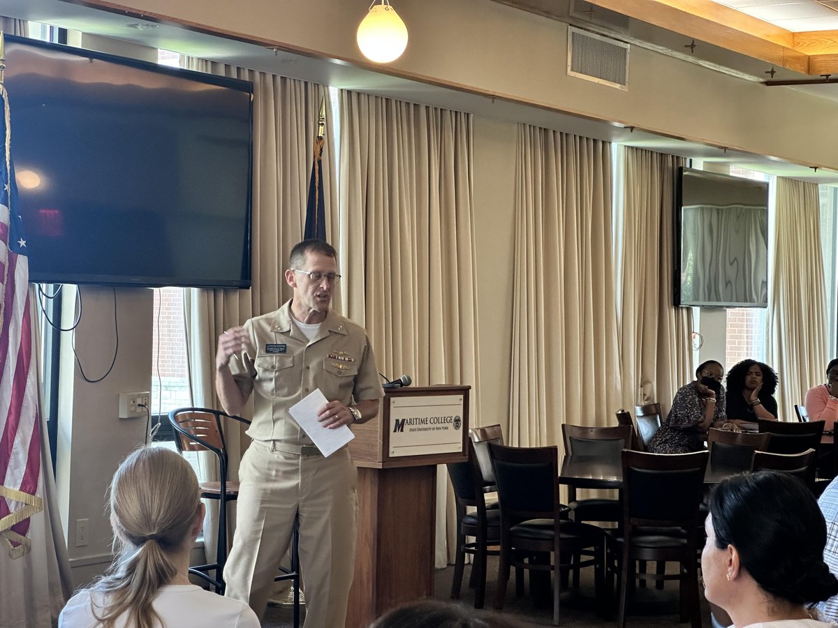 MaritimeCollege's tweet photo. Exciting times at SUNY Maritime! Faculty and staff joined RADM John Okon at his first town hall to discuss the visionary future and provide feedback. This is the first in a series of listening sessions the Admiral intends to hold throughout the year. https://t.co/QZ7KxjbPia