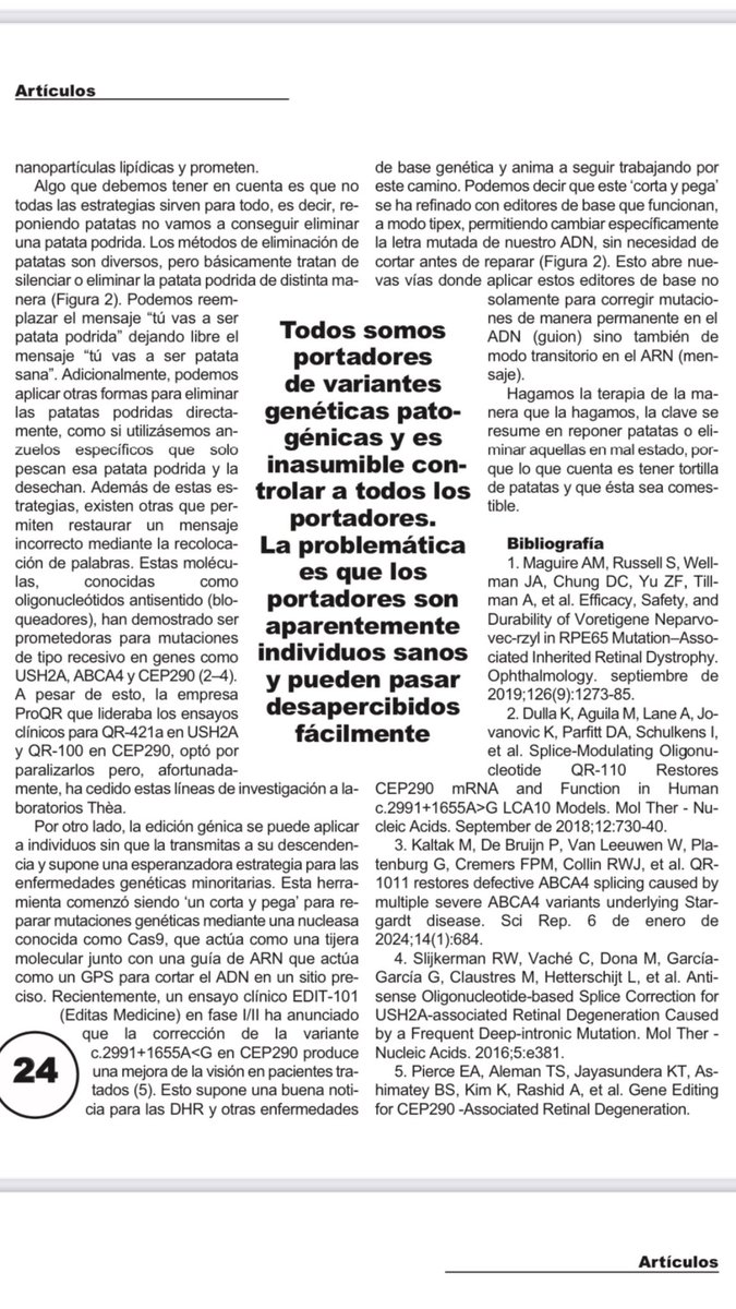 AnaPilarGomez's tweet photo. Agradecida a @RetinaMurcia #revistavision por invitarme a participar en esta edición 64 en la que hablamos de 🥔, genes 🧬 y herencia para entender los tipos de terapia génica para 👁️ ~ os invito a leer este artículo lleno de metáforas divertidas 
Exquisita Col. @raticosde100cia https://t.co/wh3J0iJAxS