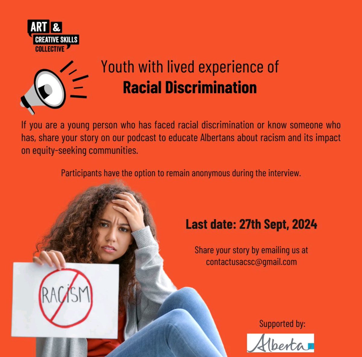 Are you a youth who has experienced racism? Or do you know a young person who has had a similar experience? Share your story &amp; help raise awareness &amp; inspire change.

Join us in creating an open and honest conversation. DM or email contactusacsc@gmail.com

#Youth #Racism #Podcast
