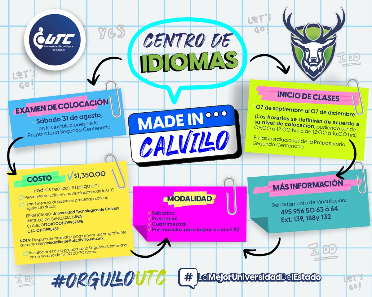 LEARN ENGLISH WITH THE BEST! 📚👩🏻‍🎓

👇🏻 Conoce más acerca del #CentroDeIdiomas 👇🏻 Inscríbete y eleva tu nivel de inglés con #LaMejorUniversidadDelEstado ¡Te esperamos! 📗🇺🇸

#TeQuieroEnCalvillo💚
#UTCalvillo