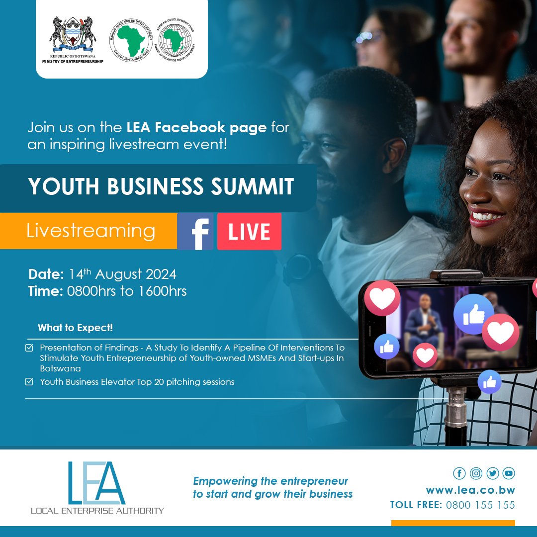 Youth Business Summit 

We will be streaming live on LEA Facebook page. 

#botsaLEA #enterpreneurship