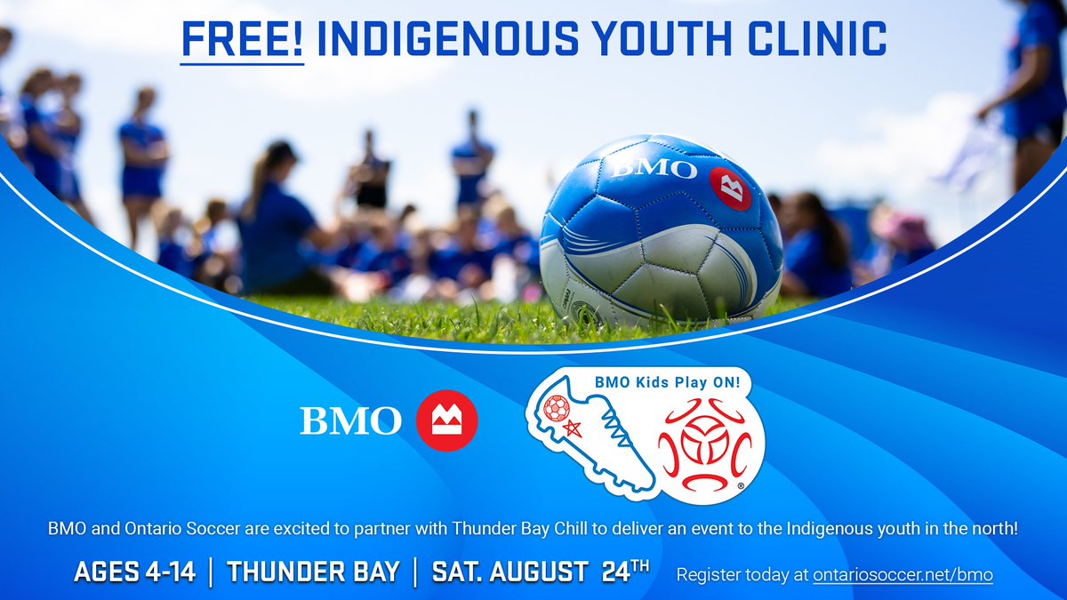 Ontario Soccer and <a href="/BMO/">BMO</a> are excited to partner with <a href="/ThunderBayChill/">Thunder Bay Chill</a> to deliver a 🆓 event for #Indigenous youth in the north! 💙🧡

Ages 4-14 can play, ages 15+ are invited to volunteer.  

More details at ontariosoccer.net/bmo

#PlayInspireUnite #ThunderBay