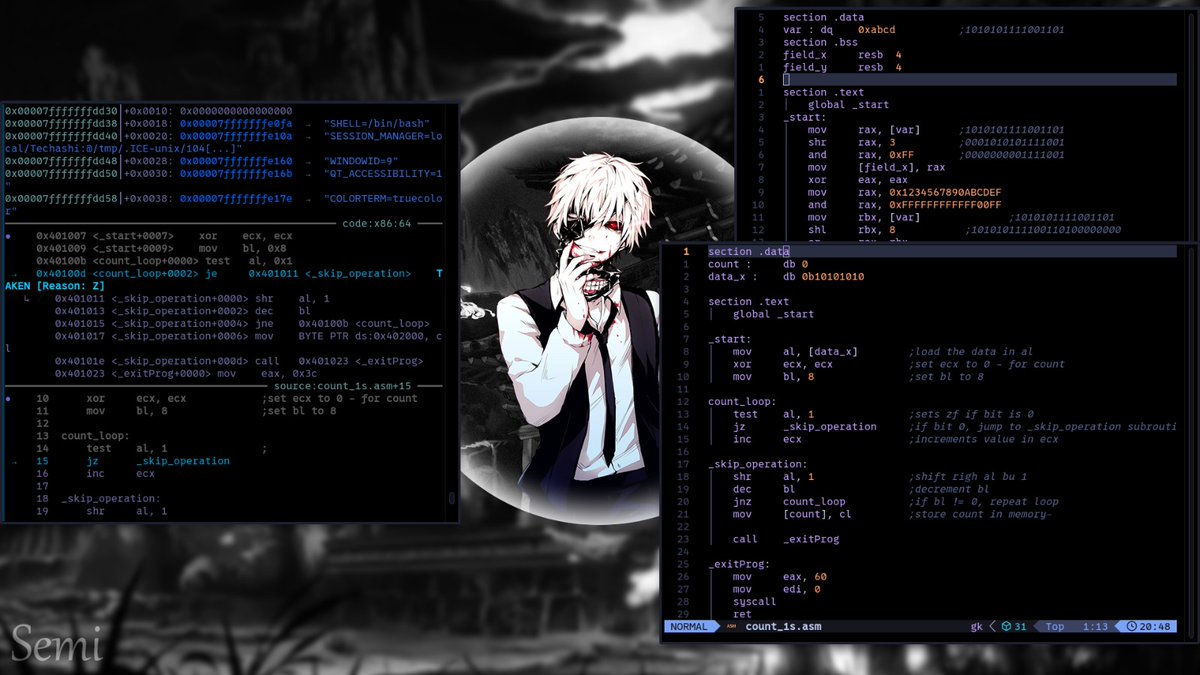 mu_chrinovic's tweet image. Day 0b11100 of #LowLevelProgramming
Done with the Bit chapter
Covered filling bit fields & extraction
Worked on an exercise for counting the number of 1s bits in a byte. The implementation is quite overwhelming, but I'm getting there.
New Linux rice inspired by @_DragonHead_