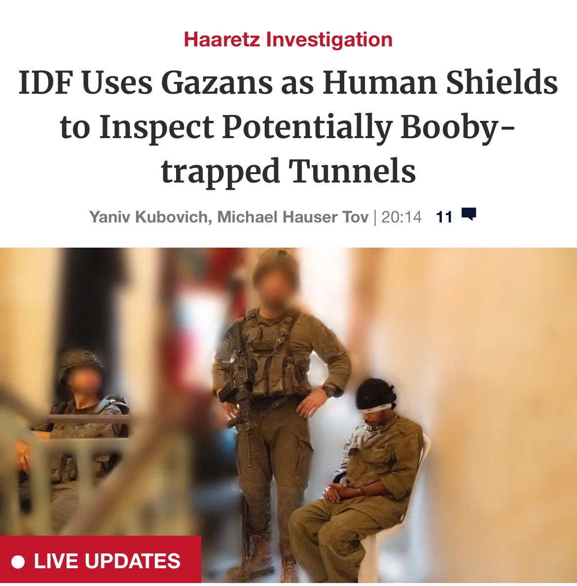 gregjstoker's tweet photo. The Israeli Army uses civilians as human bomb detectors.

They even dress them up in IDF fatigues.

This is not the policy of a rogue company commander. The higher ranks know this is an unwritten practice. https://t.co/5UwP4mAC0I