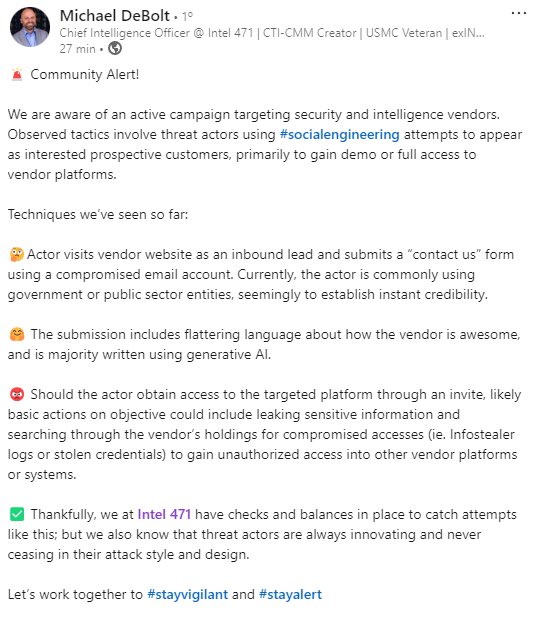 Will (@bushidotoken) on Twitter photo PSA from the <a href="/CuratedIntel/">Curated Intelligence</a> Community to the CTI industry — watch out for cybercrime groups seeking access to your vendor platforms ⚠️ PSA from the <a href="/CuratedIntel/">Curated Intelligence</a> Community to the CTI industry — watch out for cybercrime groups seeking access to your vendor platforms ⚠️