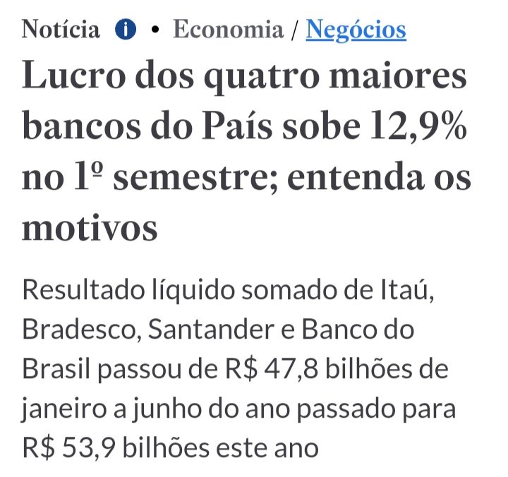 Que indústria consegue um resultado como esse? 47,8 BILHÕES de Lucro Líquido em 6 meses. Subida de 12,9%. Este é o resultado da sabotagem nacional. Nada justifica a 2° maior taxa de juros e o 3° maior spread do planeta. Viver de renda sem gerar 1 emprego virou um grande negócio.
