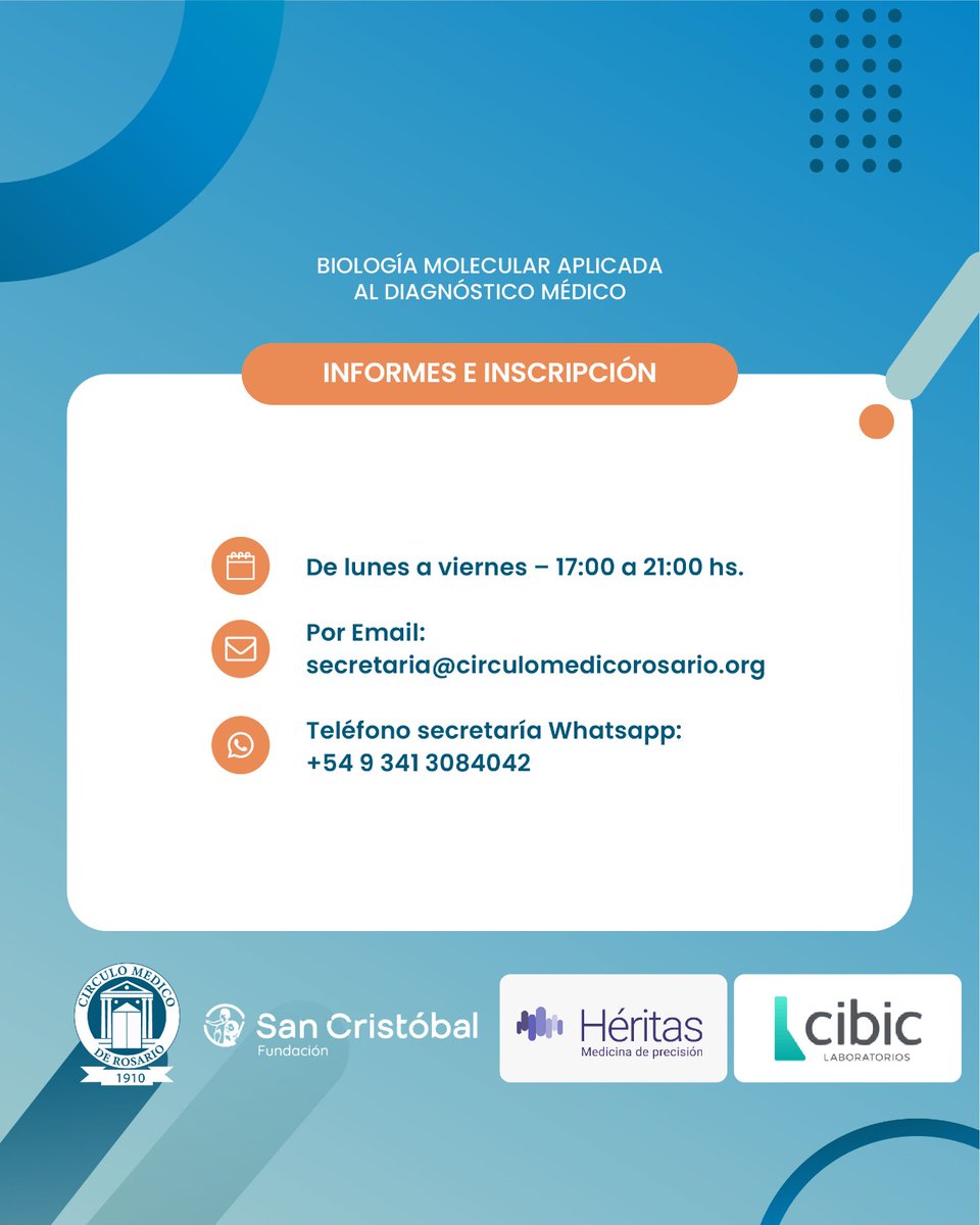 👉Abierta la INSCRIPCIÓN al Curso de #BiologíaMolecular aplicada al Diagnóstico Médico, dirigido por nuestro director científico, Martin Vazquez.

Inscribite vía email en: secretaria@circulomedicorosario.org

Más información: drive.google.com/file/d/1d6Msl7…