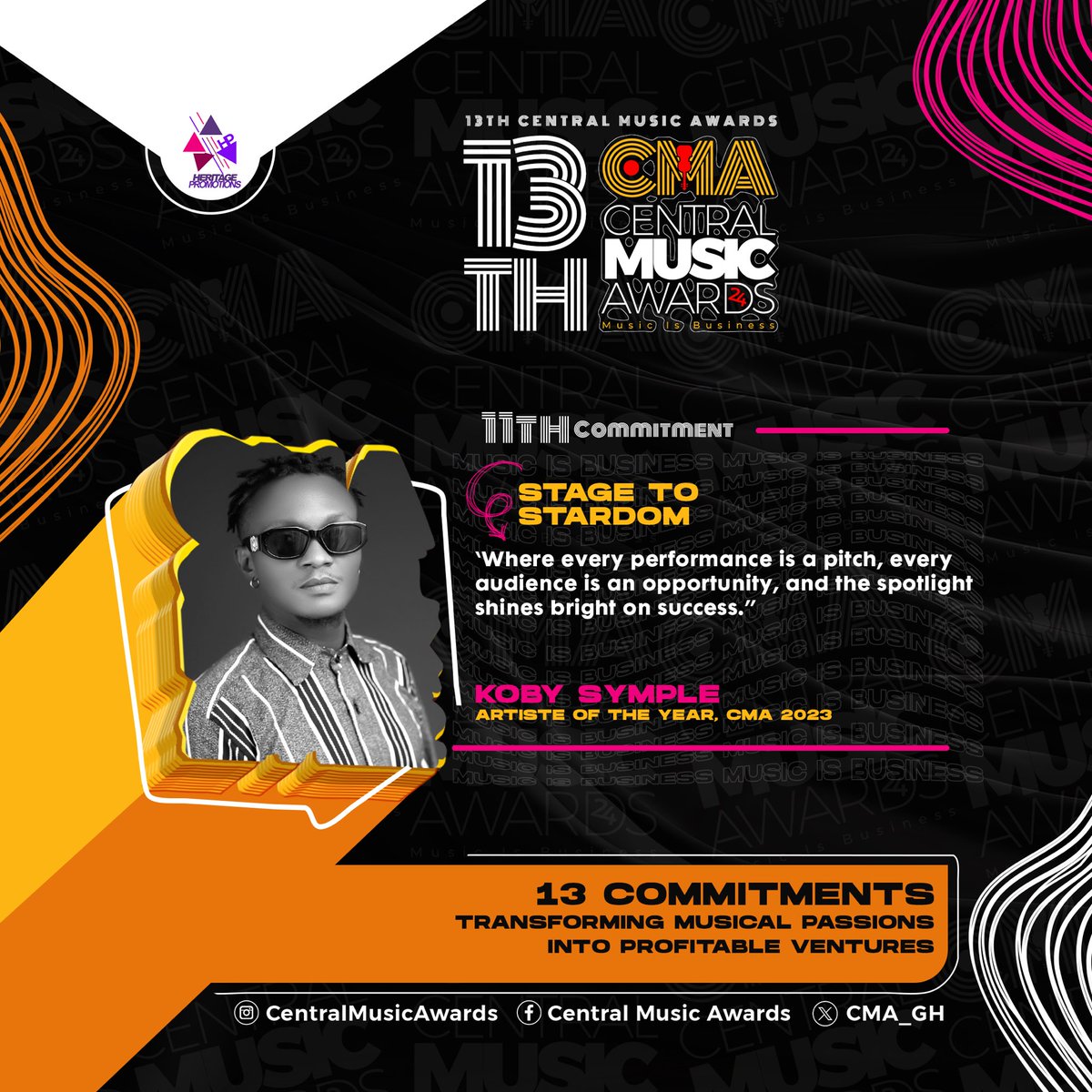 The 13th Central Music Awards 
11TH COMMITMENT 🗣️🎙️ 🎶 
🔖 STAGE TO STARDOM 

— <a href="/KobySymple/">Koby Symple</a> 
Artiste of The Year, CMA 2023  

NB: NOMINATIONS OPEN ON THURSDAY, AUGUST 15, 2024 

#CMA24 #MusicIsBusiness