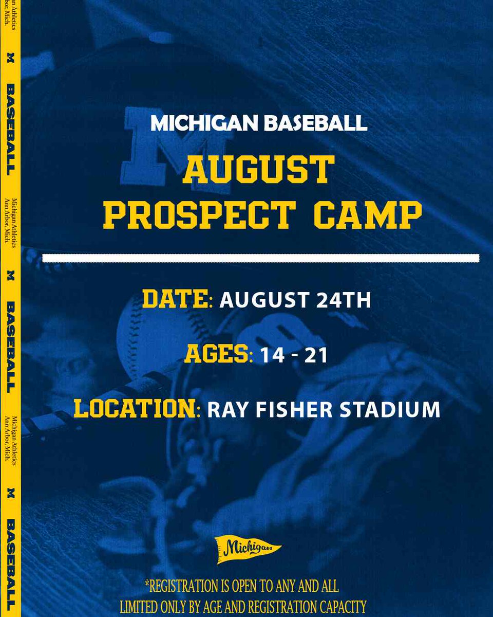 Start your recruiting process at the Michigan Baseball August Prospect Camp!

Spots are filling up so sign up before it's too late: camps.mgoblue.com/baseball/.

Fall camp information to follow soon so stay posted!