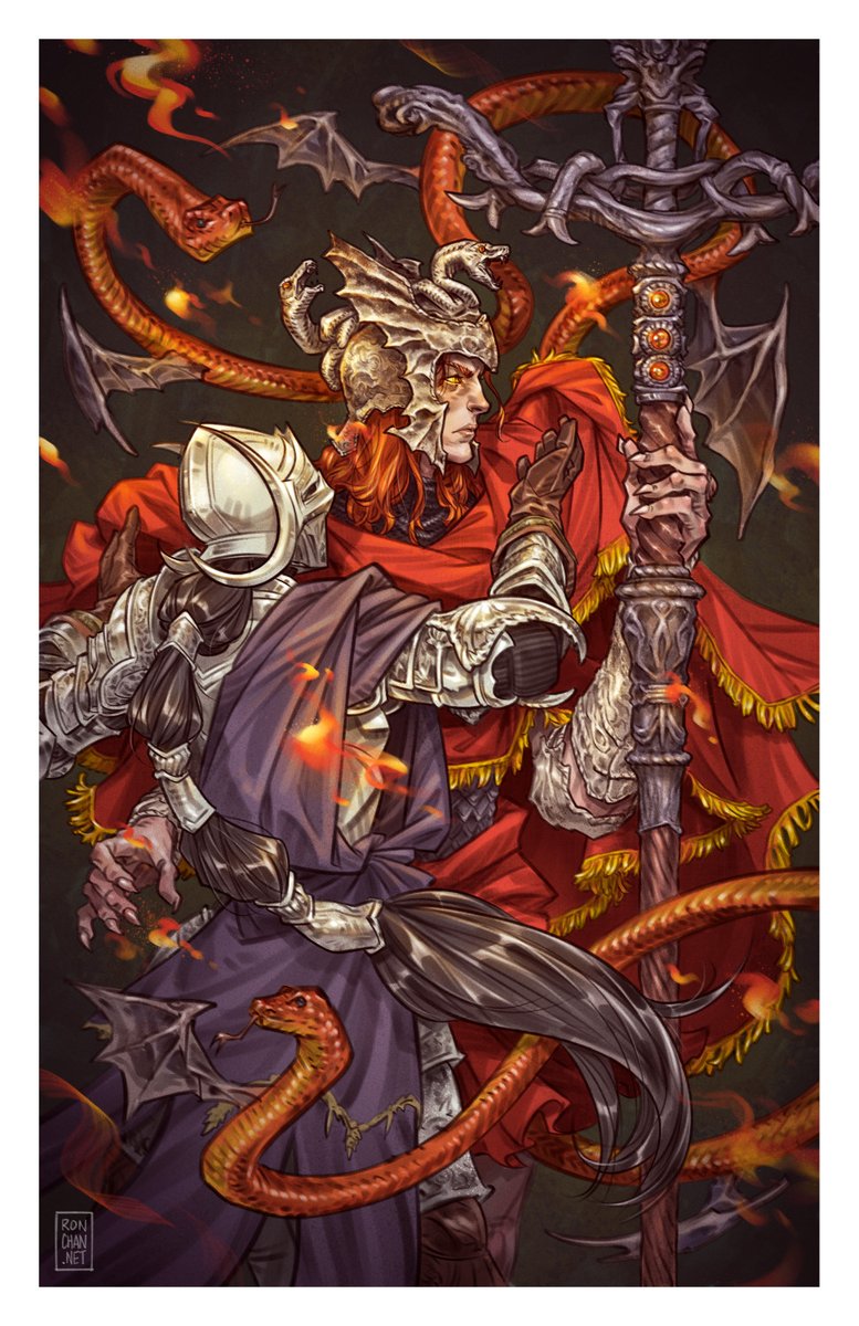 RonDanChan's tweet photo. "Once a Carian princess, Rellana disavowed her birthright and chose to stand at Messmer's side instead, knowing full well that not even the brilliance of the moon could grant him succor. Before long, she became known as the Sword of Messmer." #EldenRing #Messmer #Rellana https://t.co/VEqmOrL6ac