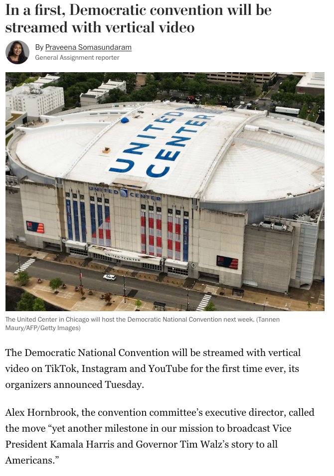 via <a href="/washingtonpost/">The Washington Post</a> >> "<a href="/ahornbrook/">Alex Hornbrook</a>  the convention committee’s executive director, called the move 'yet another milestone in our mission to broadcast Vice President Kamala Harris and Governor Tim Walz’s story to all Americans.'"