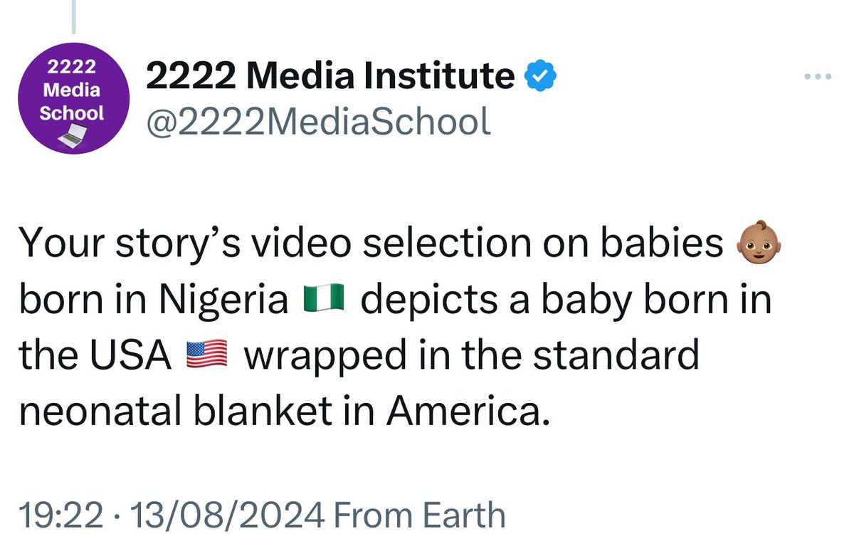 Always use correct video or image selections to illustrate a story. Here’s a baby born in America and you’re talking about Nigerian 🇳🇬babies in your story <a href="/PremiumTimesng/">Premium Times</a> 

#2222mediainstitute