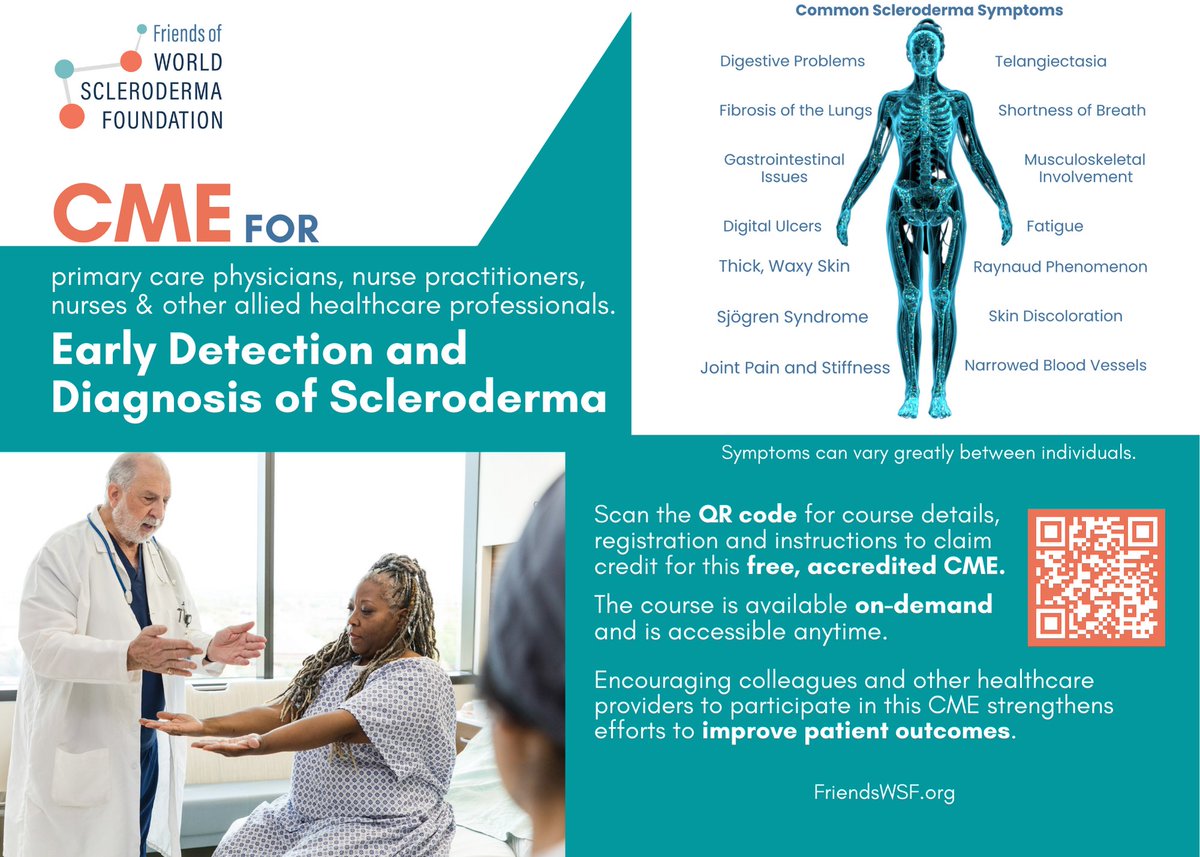Friends of World Scleroderma Foundation (@friendswsf) on Twitter photo Discover early signs & symptoms of scleroderma! Free Accredited CME; 3.75 credits. Register today: friendswsf.org
#ANA #CrestSyndrome #InternalMedicine #MedicalEducation #PhysicianAssistants #PrimaryCare #SclerodermaAwareness #SclerodermaEducation #SystemicSclerosis Discover early signs & symptoms of scleroderma! Free Accredited CME; 3.75 credits. Register today: friendswsf.org
#ANA #CrestSyndrome #InternalMedicine #MedicalEducation #PhysicianAssistants #PrimaryCare #SclerodermaAwareness #SclerodermaEducation #SystemicSclerosis