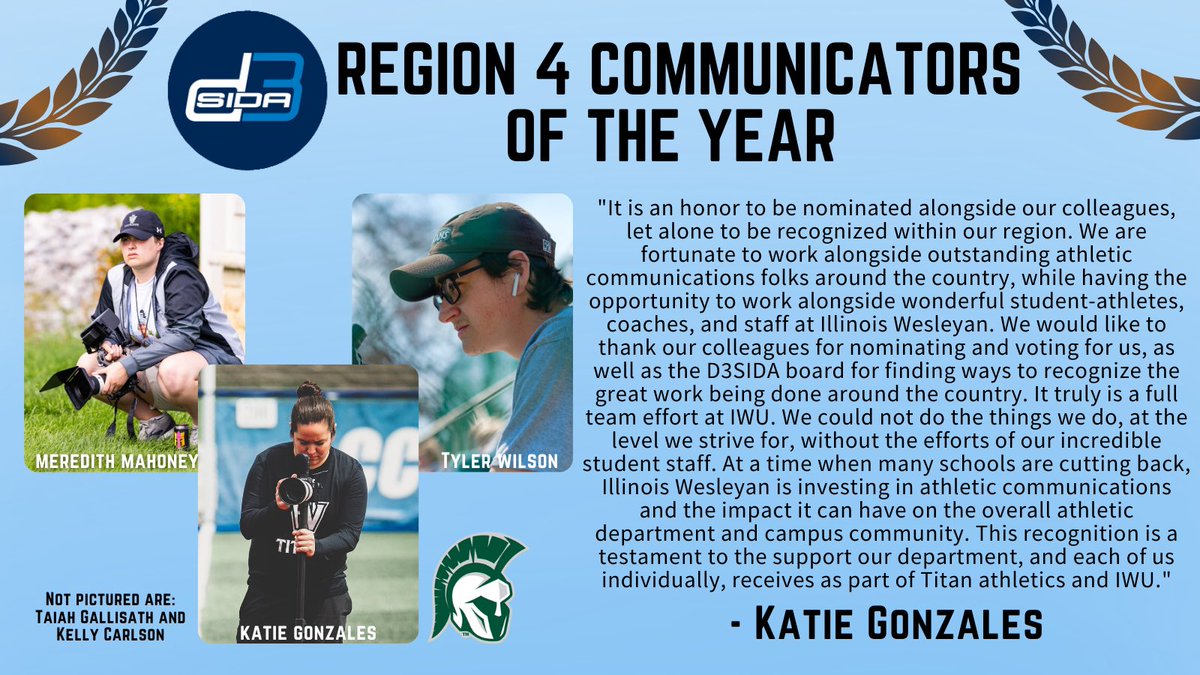 d3sida (@d3sida) on Twitter photo Our Region 4 Winners from the <a href="/iwusports/">Illinois Wesleyan Athletics</a> Athletic Communications Office!
Congratulations to Katie, Taiah, Meredith, Kelly, and Tyler for their hard work and dedication! Our Region 4 Winners from the <a href="/iwusports/">Illinois Wesleyan Athletics</a> Athletic Communications Office!
Congratulations to Katie, Taiah, Meredith, Kelly, and Tyler for their hard work and dedication!