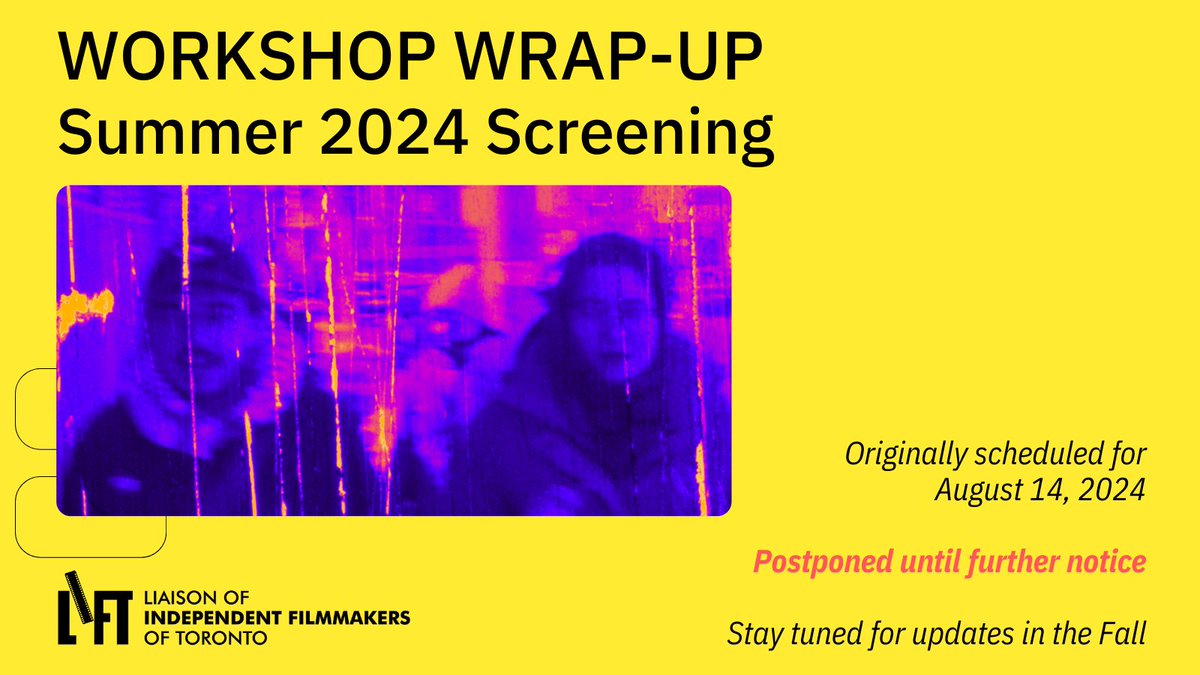 LIFTfilm's tweet photo. ๐จ๐จ๐จ Due to unforeseen circumstances we've had to cancel the SUMMER 2024 WORKSHOP WRAP-UP SCREENING, originally scheduled for this week on Wednesday August 14.
Check back in the Fall when we will announce a new screening date! ๐๐ฌ
#LiftFilm #LiftWksp #LiftMember https://t.co/V5ErVpy9qm