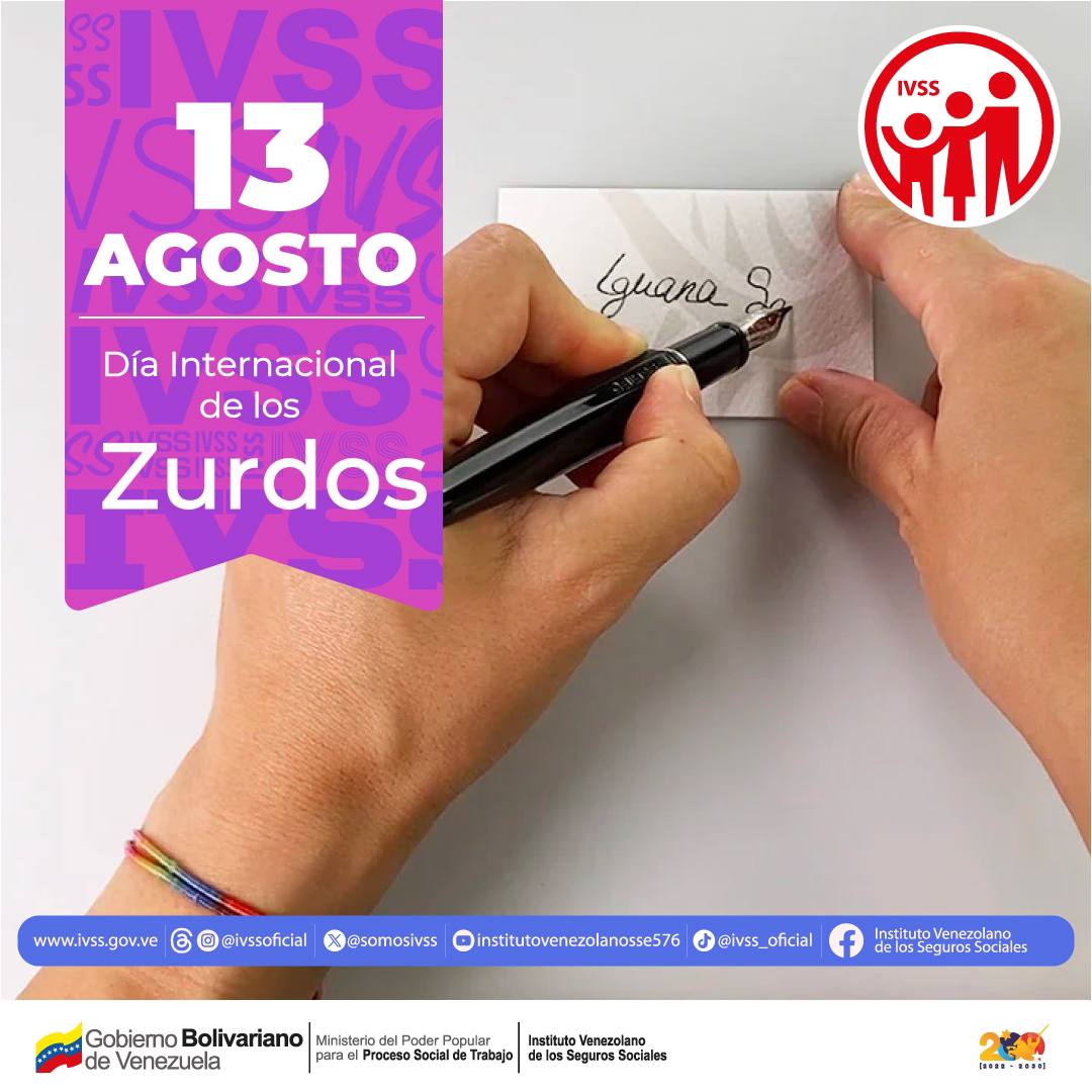 #13Ago🇻🇪| El objetivo de la fecha es intentar concientizar las falencias y dificultades que enfrentan las personas zurdas en un mundo diseñado para diestros
#JuntosPorCadaLatido #salud #ivss #Guárico #Efemérides
<a href="/NicolasMaduro/">Nicolás Maduro</a>
<a href="/Somosivss/">Instituto Venezolano de los Seguros Sociales</a> <a href="/MagaGutierrezV/">Magaly Gutiérrez Viña</a> <a href="/delcyrodriguezv/">Delcy Rodríguez</a>