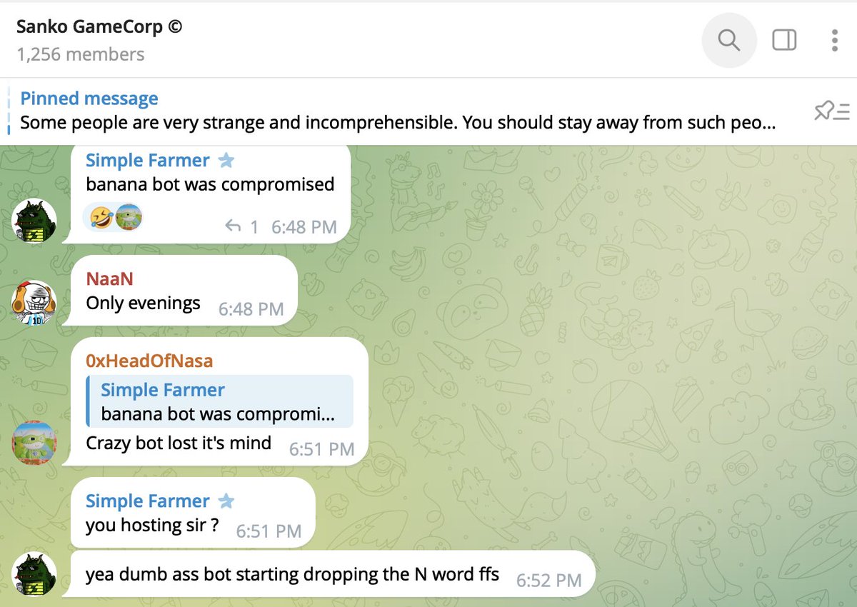 If you’re just now catching up, the BananaBot was hacked earlier today, leading to some community members being kicked out of the sewer TG. <a href="/AvgJoesCrypto/">AJC</a> is on it, in the mean time, join the official Sanko Telegram group. t.me/sankogamecorp $BOOK $DMT