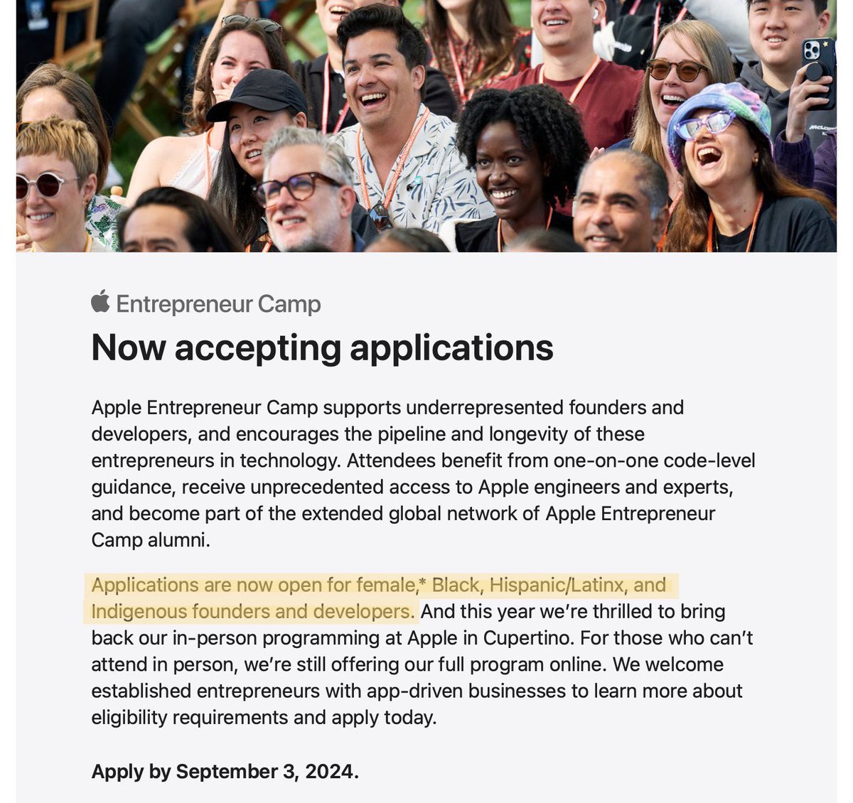 EndWokeness's tweet photo. White and Asian men are not able to apply for Apple's new "Entrepreneur Camp" https://t.co/zLwAa2u7WZ