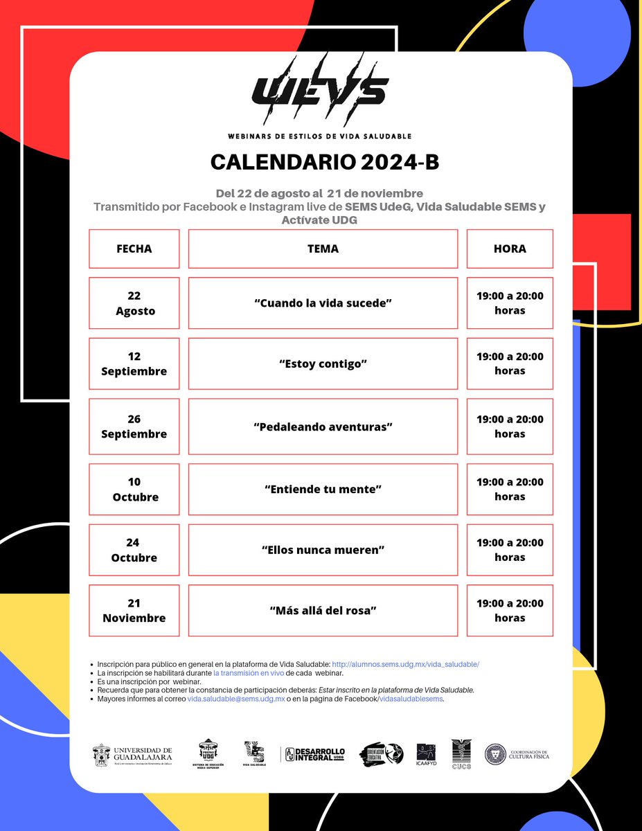 VidaSems's tweet photo. 🦁 Calendario #WEVS 2024- B listo ✨ guarda las fechas para que no te pierdas ningún tema 😉😊 recuerda realizar tu perfil en la plataforma de Vida Saludable SEMS para inscribirte a todas las actividades #PrepasUDG 

#NadaNosDetiene @sems_udeg #VidaSaludableSEMS https://t.co/L7Zdk6cMr5