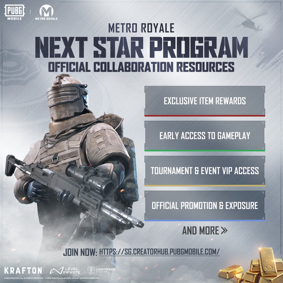 PUBGMOBILE's tweet photo. We're looking to add to our list of superstars with the PUBG MOBILE Metro Royale Next Star Program 🌟!

Become an official Metro Royale content creator to earn exclusive rewards such as cash prizes, in-game perks, and exclusive resource support.  

Sign up now at: https://t.co/hkuwOcfMmY

📲 https://t.co/QrCQixoG2e 

#PUBGMOBILE #MetroRoyale #MetroRoyaleCH21 #PUBGMOBILEC7S19 #PUBGMNextStarProgram