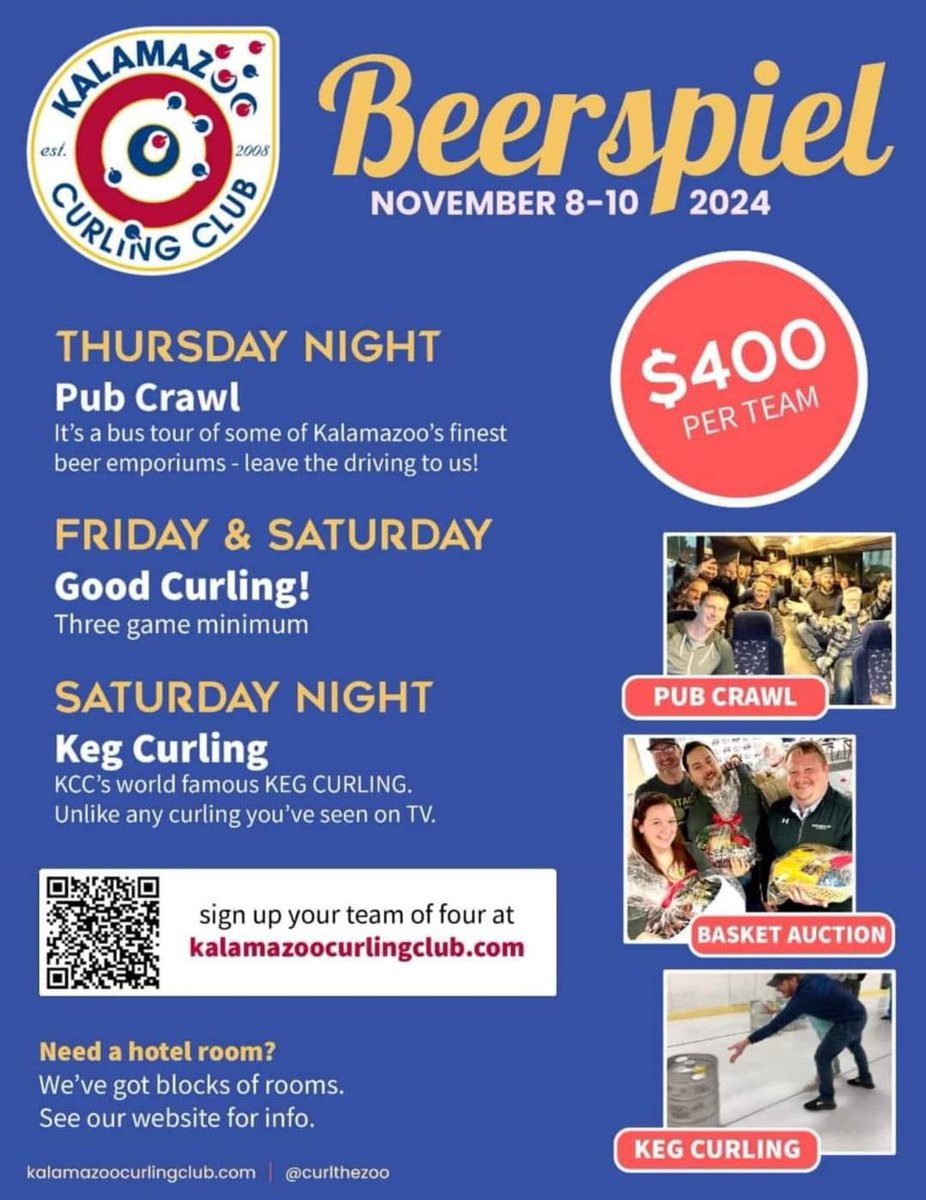 Sign up today for the 2024 Beerspiel at the Kalamazoo Curling Club! 3 game guarantee. Sample Kalamazoo's finest beer emporiums in the Thursday night Pub Crawl. And cap your weekend with our famous Keg Curling on Saturday night. Sign up today at kalamazoocurlingclub.com.
