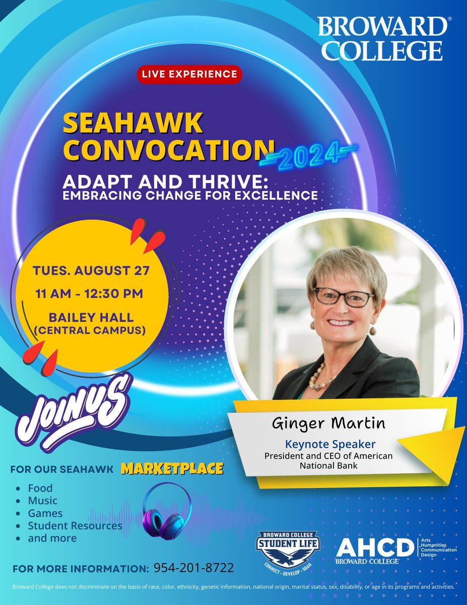 🌟 Seahawk Convocation with Ginger Martin🌟

📅 **Event Details:**
🕚 Date: [08-27-24]
🕚 Time: 11:00 AM - 12:30 PM
📍 Location: Bailey Hall

Come and enjoy an engaging atmosphere with student life featuring fun activities, delicious food, and exciting games! 🎉🍽️🎈 🎉🍽️🎈