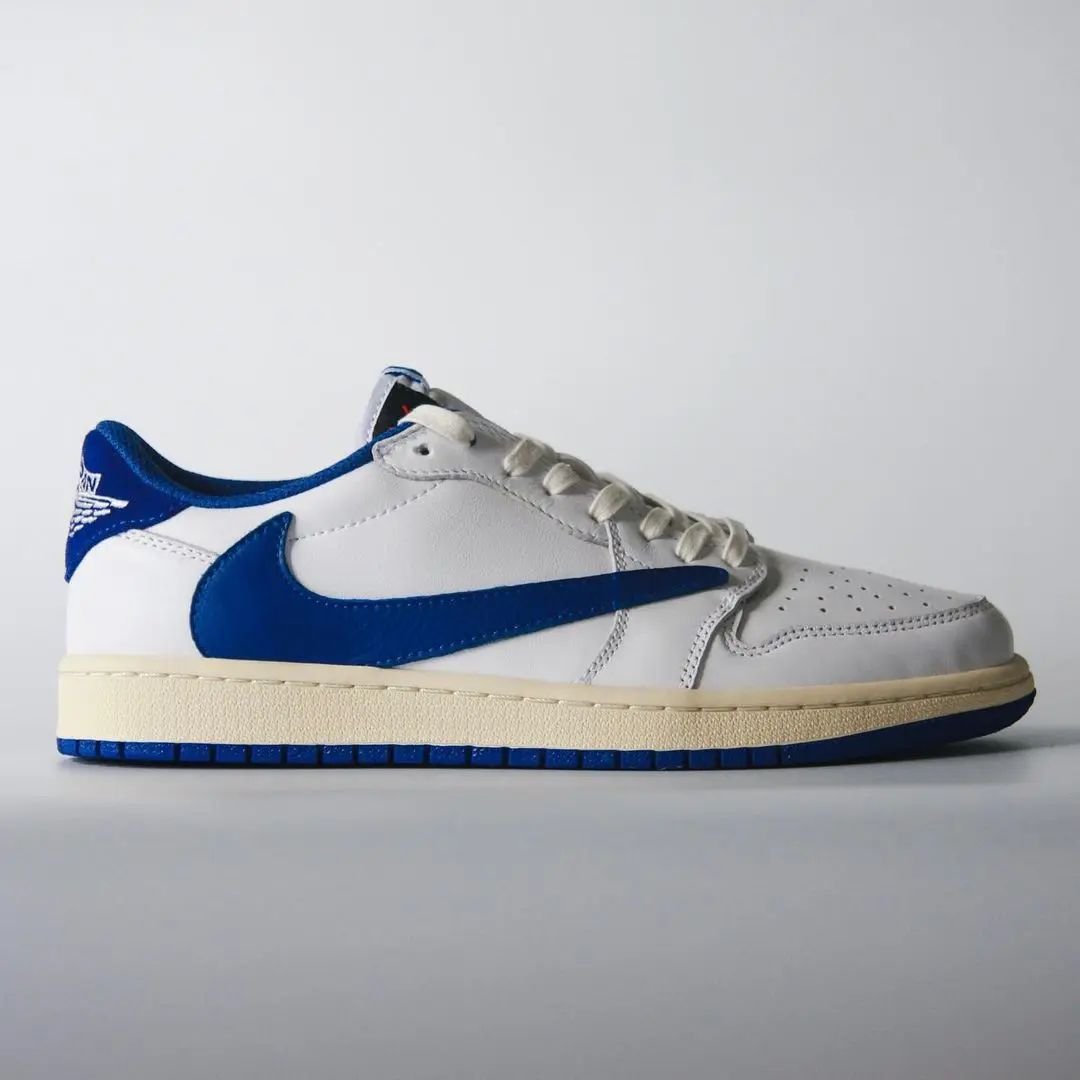 HYPEBEAST's tweet photo. fragment x Travis Scott x Air Jordan 1 Low "Sail/Military Blue" 😮‍💨 https://t.co/PxsMbmoDYi