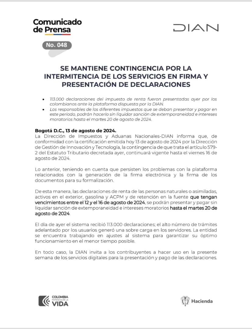 Continua contingencia por la intermitencia de los servicios en firma y presentación de las declaraciones