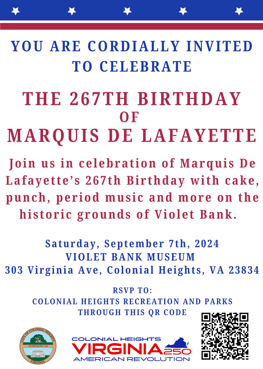 Celebrate Marquis De Lafayette's Birthday With Us: You are cordially invited to celebrate the 267th Birthday of Marquis De Lafayette. Join us for cake, punch, period music, &amp; more on the grounds of Violet Bank Museum on Saturday September 7 at 11:00am.… dlvr.it/TBt5ys