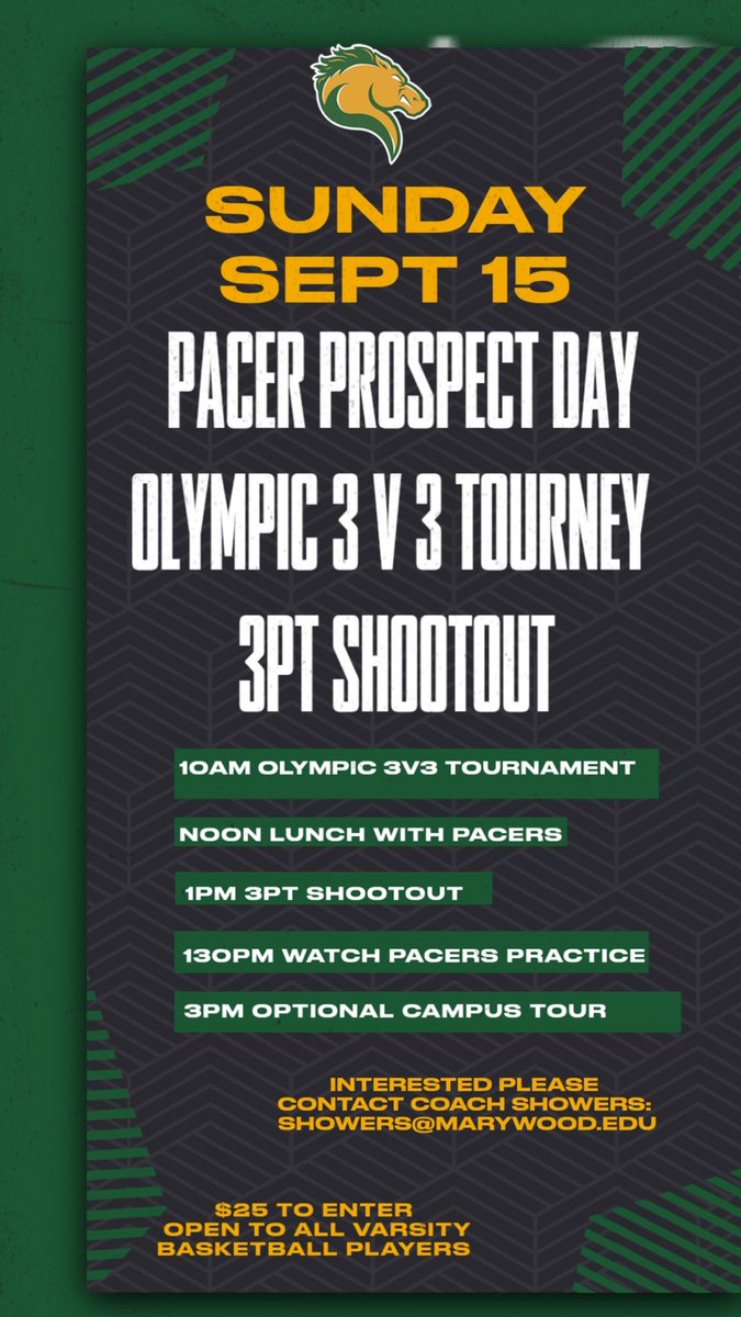 Awesome opportunity to showcase your skills, compete in an Olympic-Style 3v3 tournament and 3pt competition, and get to know the Pacer players during lunch. 

Lunch provided as well as catch a college practice for only $25!

Register at link below:

marywood.universitytickets.com/w/event.aspx?i…