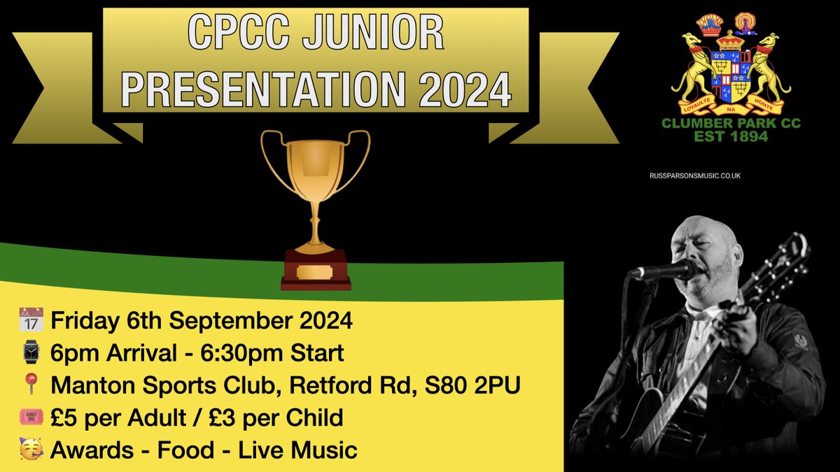 Clumber Park CC (@clumberparkcc) on Twitter photo ๐๐ Junior Presentation 2024 ๐๐
Join us at <a href="/MantonSports/">Manton Sports</a> from 6pm on Friday 6th September to celebrate the seasons of our youngest members.
Purchase your tickets here. Please include your name & qty in the 'message'.
ยฃ5 per adult / ยฃ3 per child ๐๐ผ
pay.collctiv.com/cpcc-junior-prโฆ ๐๐ Junior Presentation 2024 ๐๐
Join us at <a href="/MantonSports/">Manton Sports</a> from 6pm on Friday 6th September to celebrate the seasons of our youngest members.
Purchase your tickets here. Please include your name & qty in the 'message'.
ยฃ5 per adult / ยฃ3 per child ๐๐ผ
pay.collctiv.com/cpcc-junior-prโฆ