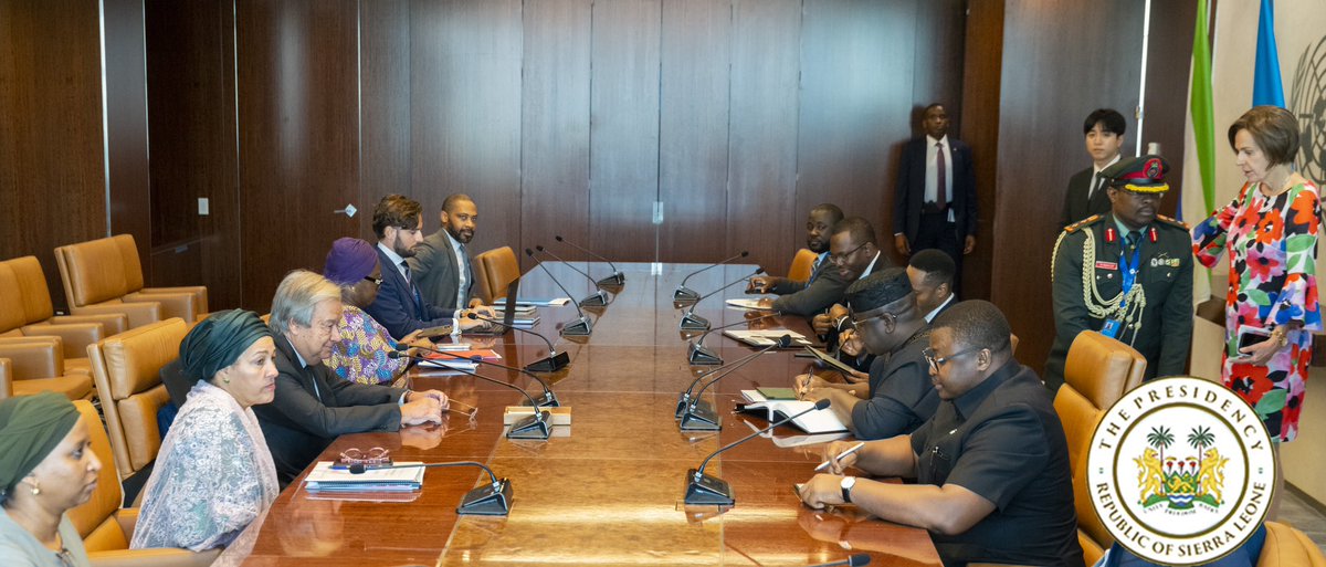 julius_maadabio's tweet photo. Today, I engaged in a fruitful meeting with my friend and Secretary-General of the United Nations, António Guterres, @antonioguterres. Our discussion centered around the next steps in Africa’s push for UN Security Council reform, Regional Security in the Sahel, and the strides made by Sierra Leone in strengthening its democracy.

I extend my appreciation to the Secretary-General for backing Africa in addressing historical injustice and for his unwavering dedication to fostering peace and stability in the Sahel Region.

As Sierra Leone continues its leadership of the UN Security Council, it remains steadfast in its commitment to advancing equity, justice, and ensuring global peace and security.