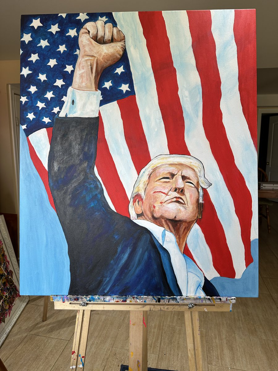 AnthonyPullano1's tweet photo. Donald Trump : An American Icon. 
My painting captures the moment President Trump was forever placed in American and world history. 
I witnessed a miracle that day. 
God bless Trump. God Bless America. 
@realDonaldTrump @elonmusk @DonaldJTrumpJr  @EricTrump @IvankaTrump https://t.co/Li3icLF44f