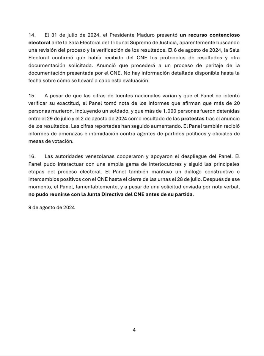 delsasolorzano's tweet photo. Informe del Panel de Expertos ONU, donde se  publican conclusiones preliminares del proceso electoral del 28 de julio, señala:

“CNE no cumplió con las medidas básicas de transparencia e integridad que son esenciales para la realización de elecciones creíbles. Tampoco siguió las disposiciones legales y regulatorias nacionales”

Resumo los aspectos fundamentales:

-  Hay elementos suficientes para evidenciar que las actas publicadas por @ConVzlaComando son auténticas (firmas y códigos qr)
- El CNE no presentó actas
- El resultado dado por el CNE no es confiable 
- El Tsj está interviniendo sin que haya pruebas de los resultados dados por el CNE.

Los puntos 12 y 13 son claves en el informe.

Pueden leerlo en línea aquí: https://t.co/KBhlBEosiN