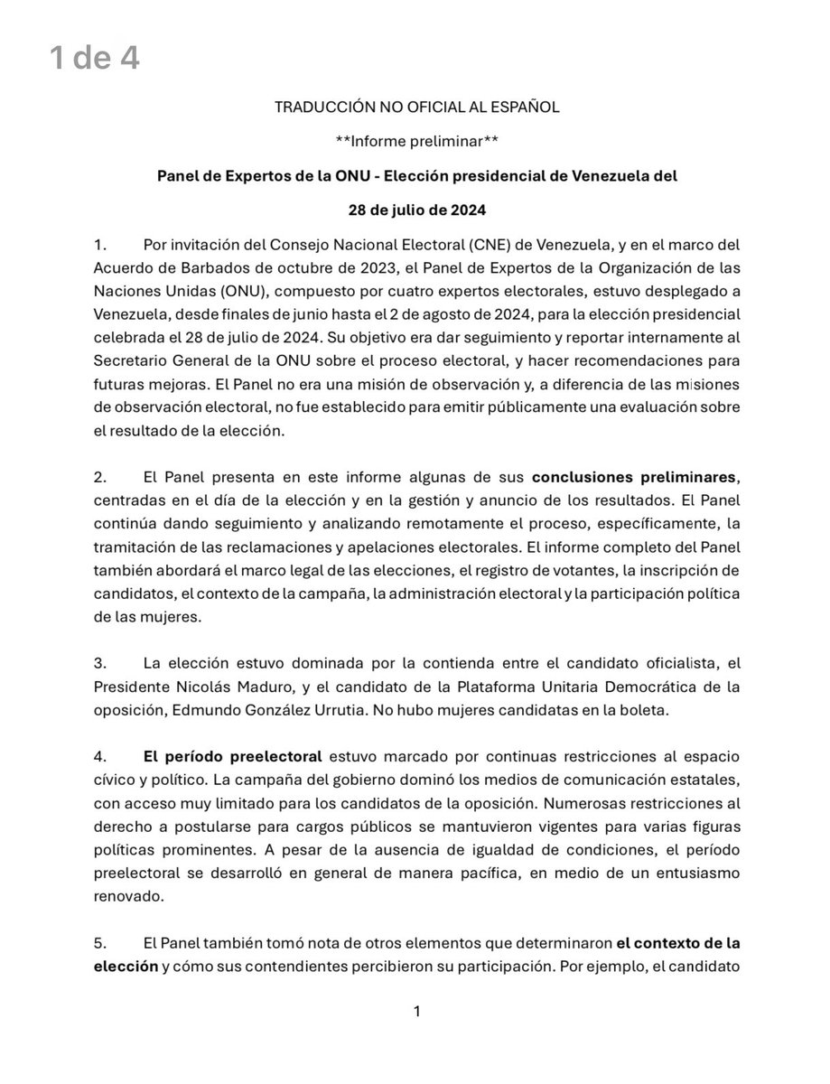delsasolorzano's tweet photo. Informe del Panel de Expertos ONU, donde se  publican conclusiones preliminares del proceso electoral del 28 de julio, señala:

“CNE no cumplió con las medidas básicas de transparencia e integridad que son esenciales para la realización de elecciones creíbles. Tampoco siguió las disposiciones legales y regulatorias nacionales”

Resumo los aspectos fundamentales:

-  Hay elementos suficientes para evidenciar que las actas publicadas por @ConVzlaComando son auténticas (firmas y códigos qr)
- El CNE no presentó actas
- El resultado dado por el CNE no es confiable 
- El Tsj está interviniendo sin que haya pruebas de los resultados dados por el CNE.

Los puntos 12 y 13 son claves en el informe.

Pueden leerlo en línea aquí: https://t.co/KBhlBEosiN
