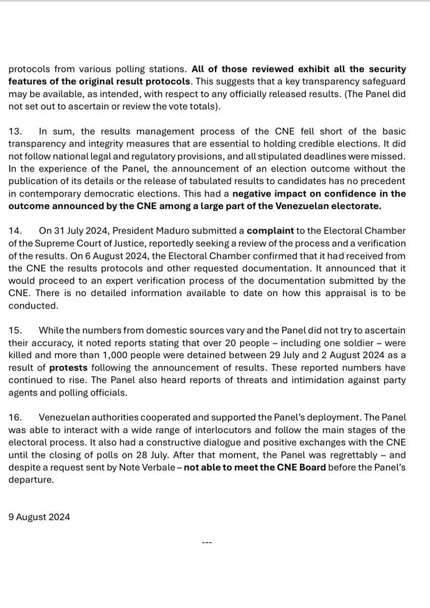 Informe preliminar de la ONU sobre las elecciones en #Venezuela
"13. En resumen, el proceso de gestión de resultados del CNE no cumplió con las medidas básicas de transparencia e integridad que son esenciales para llevar a cabo elecciones creíbles. No se siguieron las
