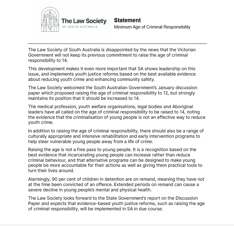 Statement on raising the age of criminal responsibility