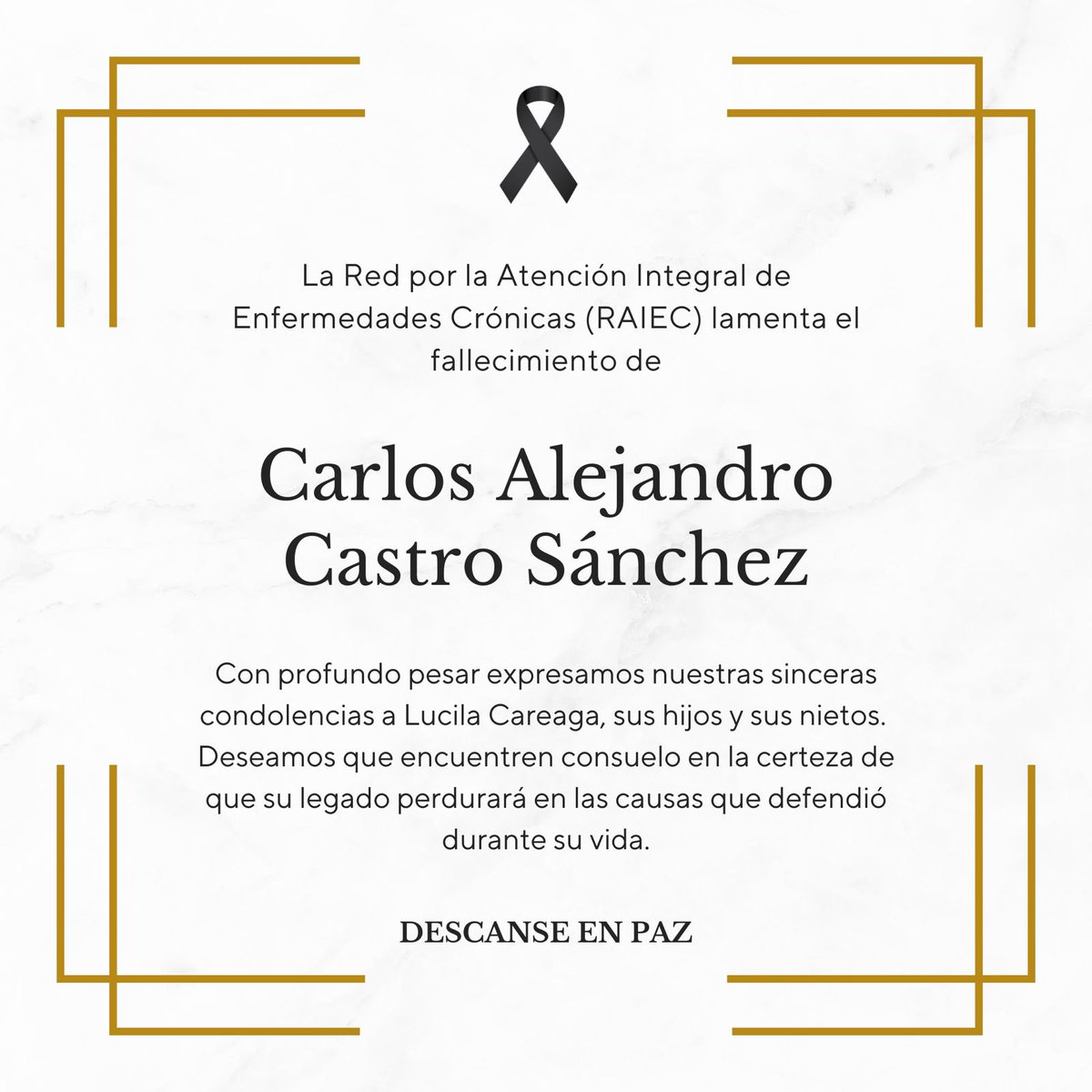 RAIEC (@raiec_mx) on Twitter photo Nuestras más sentidas condolencias a <a href="/lucareaga/">LUCILA CAREAGA</a> y toda su familia, así como todas las personas que forman parte de <a href="/PACO_Asociacion/">Pacientes De Corazón</a> <a href="/AleAsociacion/">Asociación Ale</a>
Hoy un gran hombre, esposo, padre, abuelo y líder de grandes causas descansa en paz. Sus enseñanzas y ejemplo permanecen. Nuestras más sentidas condolencias a <a href="/lucareaga/">LUCILA CAREAGA</a> y toda su familia, así como todas las personas que forman parte de <a href="/PACO_Asociacion/">Pacientes De Corazón</a> <a href="/AleAsociacion/">Asociación Ale</a>
Hoy un gran hombre, esposo, padre, abuelo y líder de grandes causas descansa en paz. Sus enseñanzas y ejemplo permanecen.