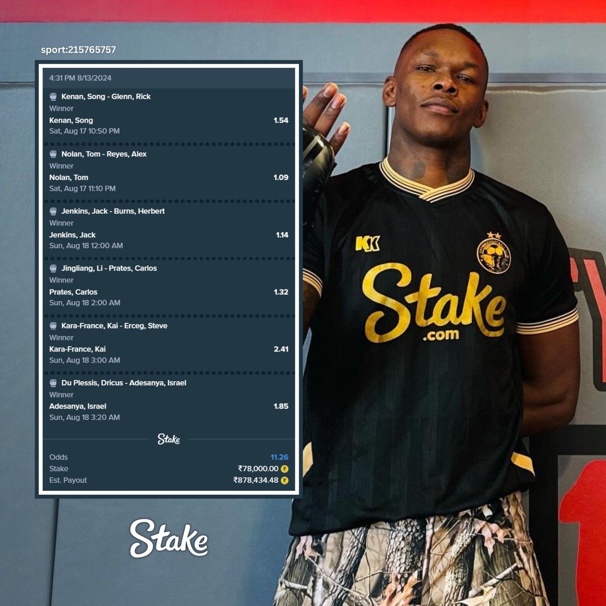 Stake's tweet image. A blockbuster @UFC weekend on the horizon and this bettor has boarded the hype train 💥

Hands up if you can't wait for #UFC305 too! 🙋