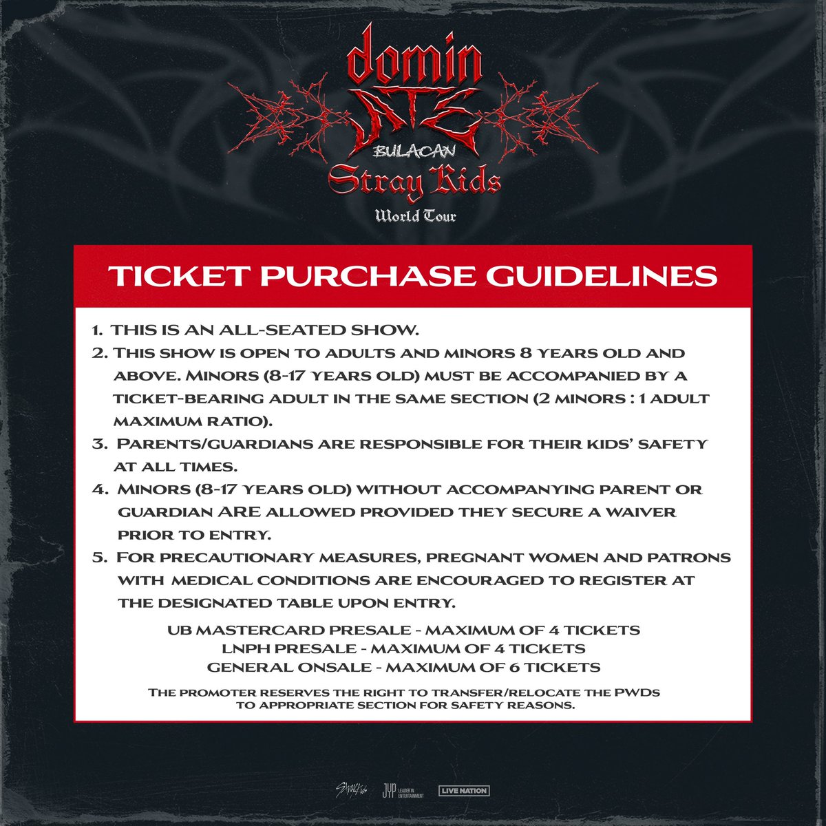 livenationph's tweet photo. LNPH Members, you know the drill 🙌🏼 LNPH Presale starts TODAY at 10AM until 11:59PM!

To access, simply sign up at https://t.co/TFXFfjwHBP and log in to your account.

‘Stray Kids World Tour <dominATE BULACAN>’
📆November 23, 2024
📍Philippine Arena

⚠️ Important Safety Notice: Please be advised that the first four rows behind the barricade in the VIP Soundcheck Floor are obstructed and may experience high sound levels. We strongly recommend using hearing protection in these areas. Your safety and enjoyment are our top priority.

#StrayKids #스트레이키즈
#dominATE
#dominATE_BULACAN
#ATE
#YouMakeStrayKidsStay
#SKZinPH