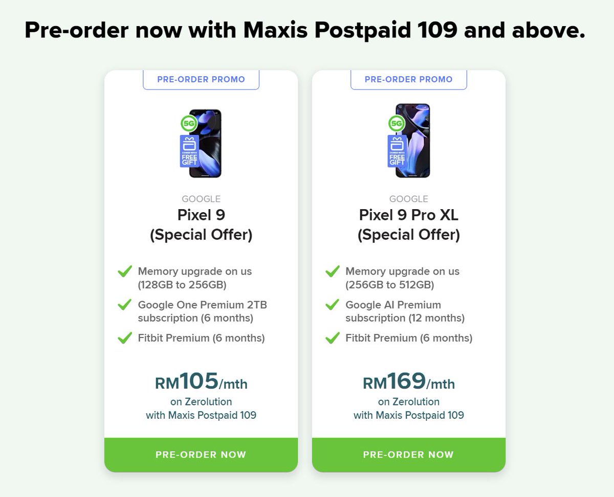Soya_Cincau's tweet photo. The Google Pixel 9 and Pixel 9 Pro XL are available from Maxis and CelcomDigi with up to 36-month instalments.

Maxis offers Pixel 9 from RM105/month and Pixel 9 Pro XL from RM169/month with Postpaid 109. Meanwhile, CelcomDigi offers the Pixel 9 from RM63/month and the Pixel 9 Pro XL from RM107/month on One Pro/Ultra Postpaid.  
#madebygoogle #pixel9 #pixel9Pro #maxis #celcomdigi