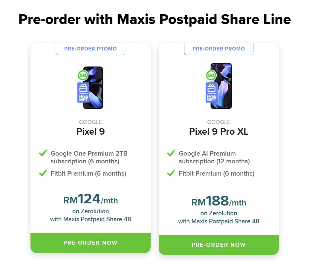 Soya_Cincau's tweet photo. The Google Pixel 9 and Pixel 9 Pro XL are available from Maxis and CelcomDigi with up to 36-month instalments.

Maxis offers Pixel 9 from RM105/month and Pixel 9 Pro XL from RM169/month with Postpaid 109. Meanwhile, CelcomDigi offers the Pixel 9 from RM63/month and the Pixel 9 Pro XL from RM107/month on One Pro/Ultra Postpaid.  
#madebygoogle #pixel9 #pixel9Pro #maxis #celcomdigi